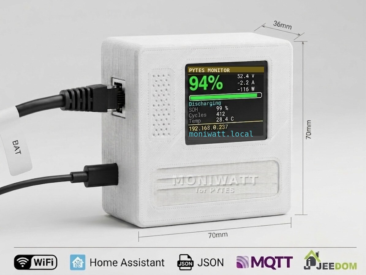 WLAN-Box Pytes Monitor mit Farbdisplay, das Ladezustand, Spannung und Strom der Batterie anzeigt